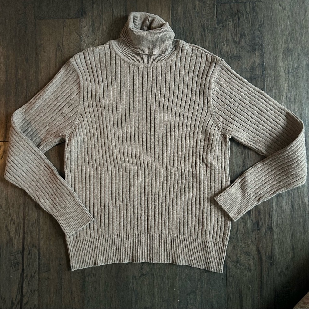 Vintage Quiet Luxury Brown Ribbed Cotton Turtleneck Sweater Jeanne Pierre XL